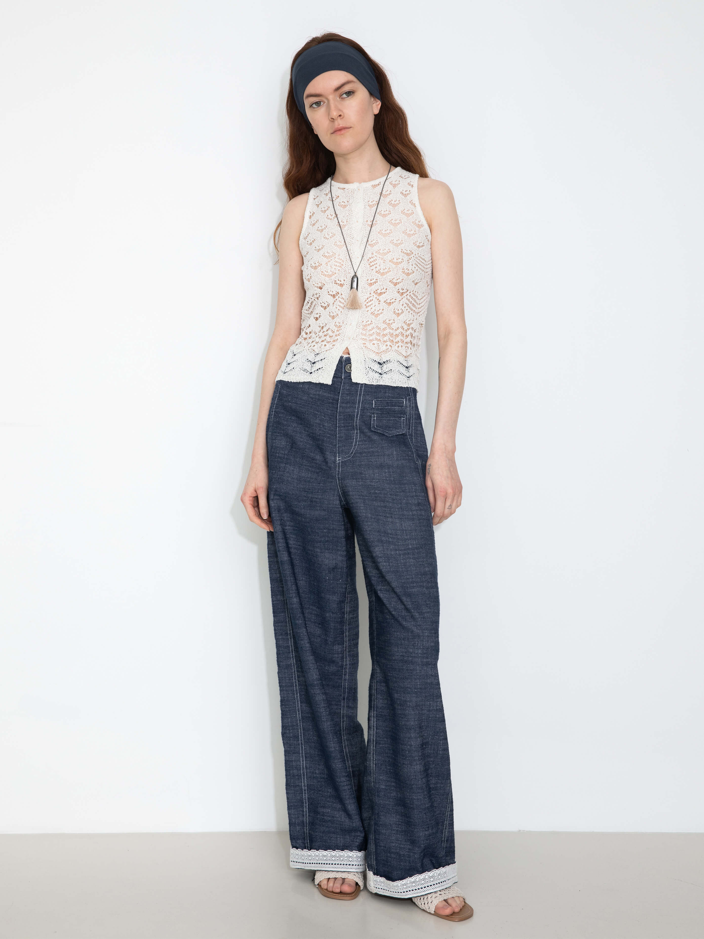 Linen-Cotton Lace Wide-Leg Straight Jeans - Image 5