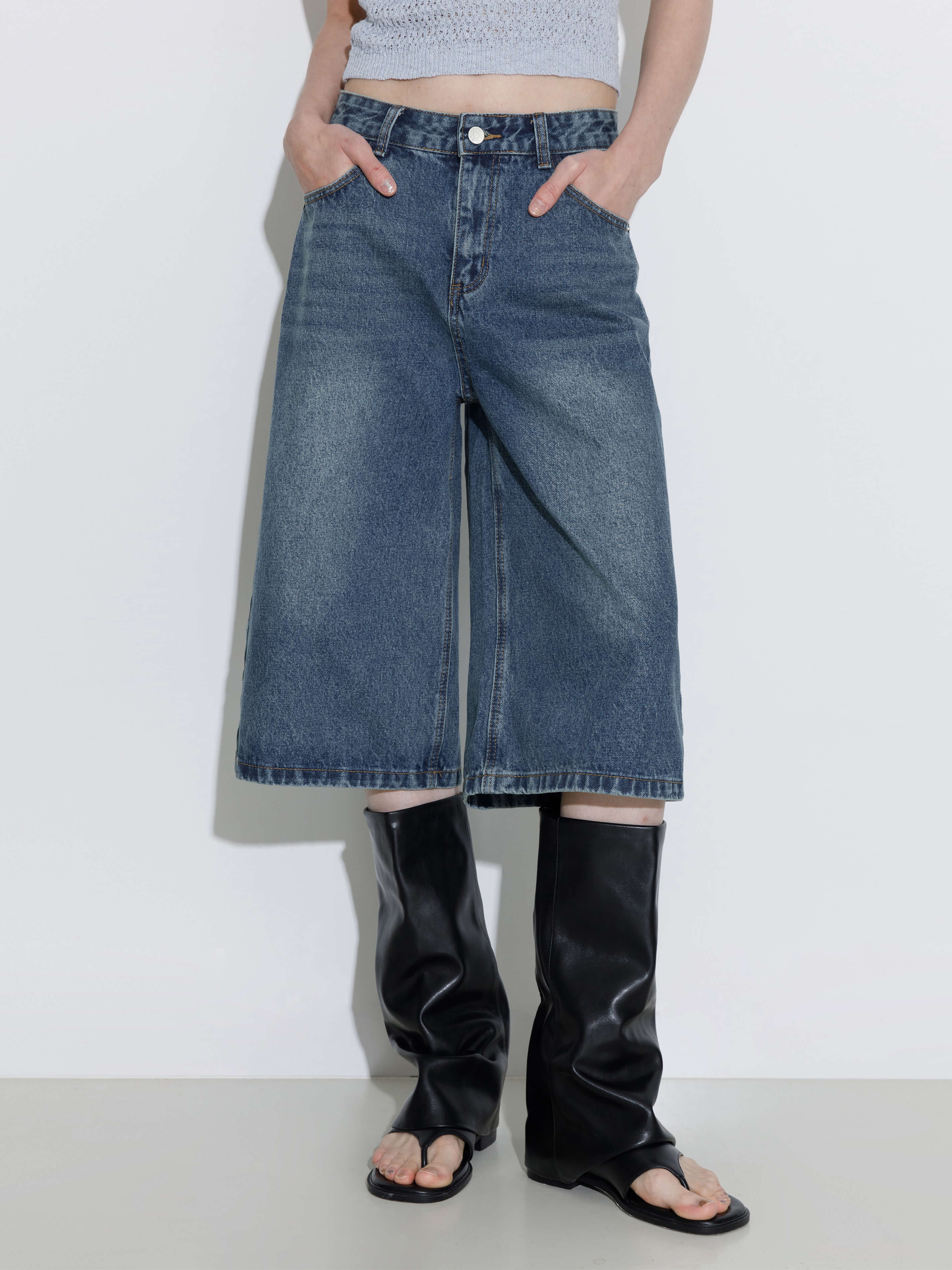 Loose Fit Knee-Length Denim Shorts - Image 2