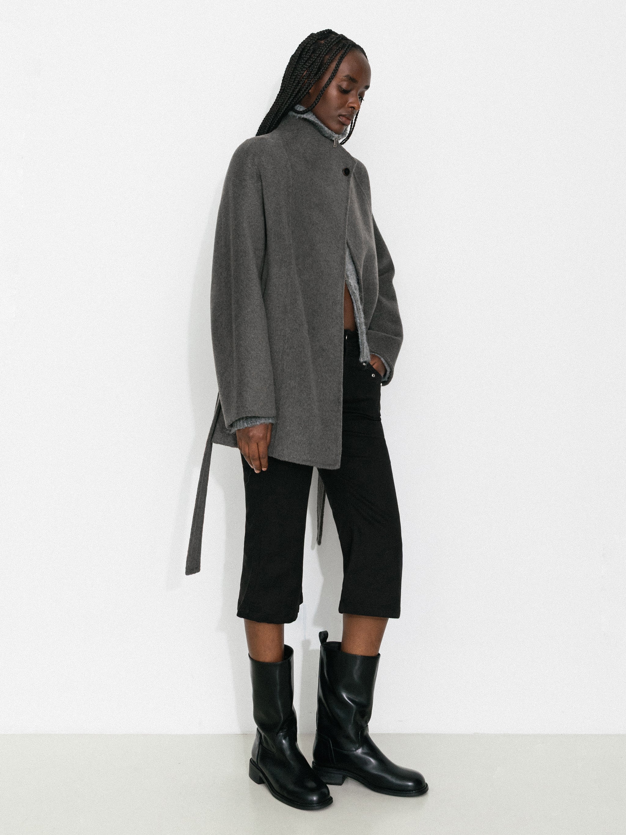 Loose-Fit Wool-Blend Stand-Collar A-Line Coat - Image 5