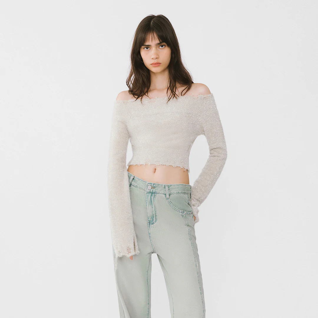 Off-Shoulder Long Sleeve Knit Crop Top - Image 12