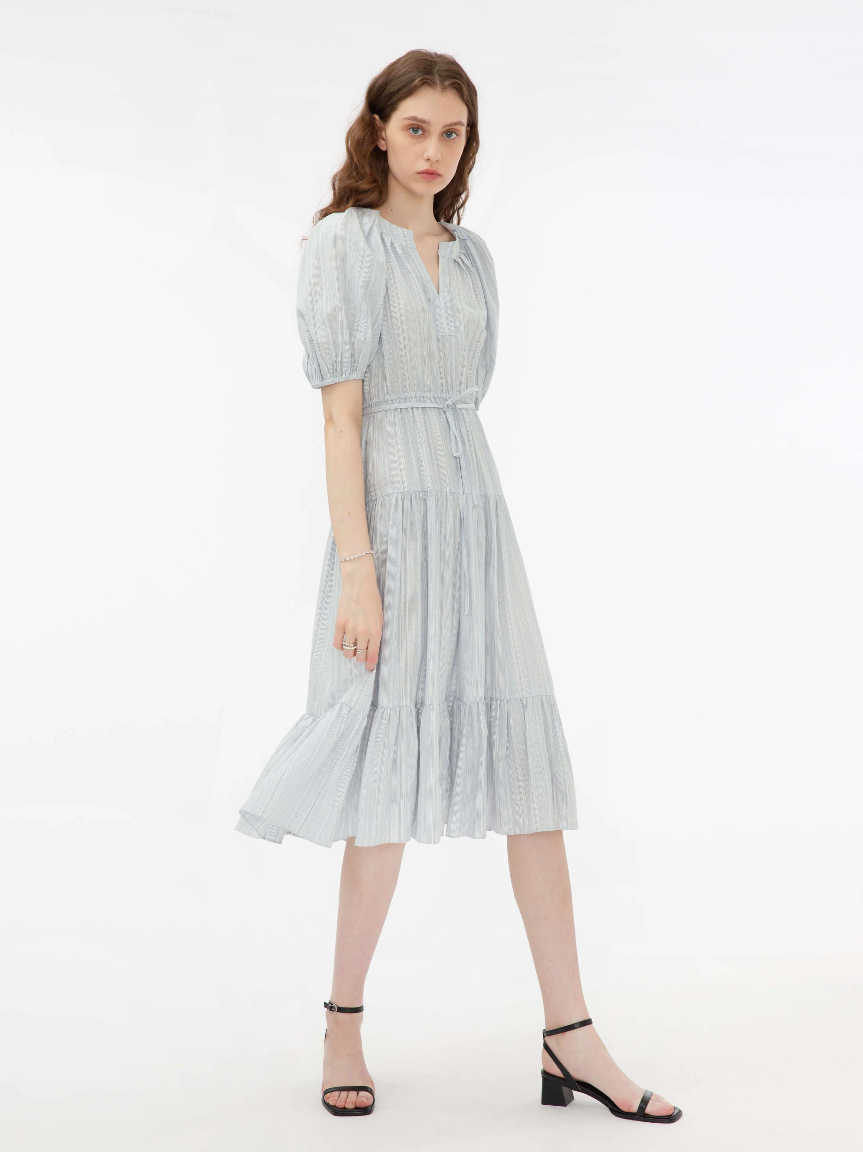 Puff Sleeve V-Neck Tiered Dress - Image 3