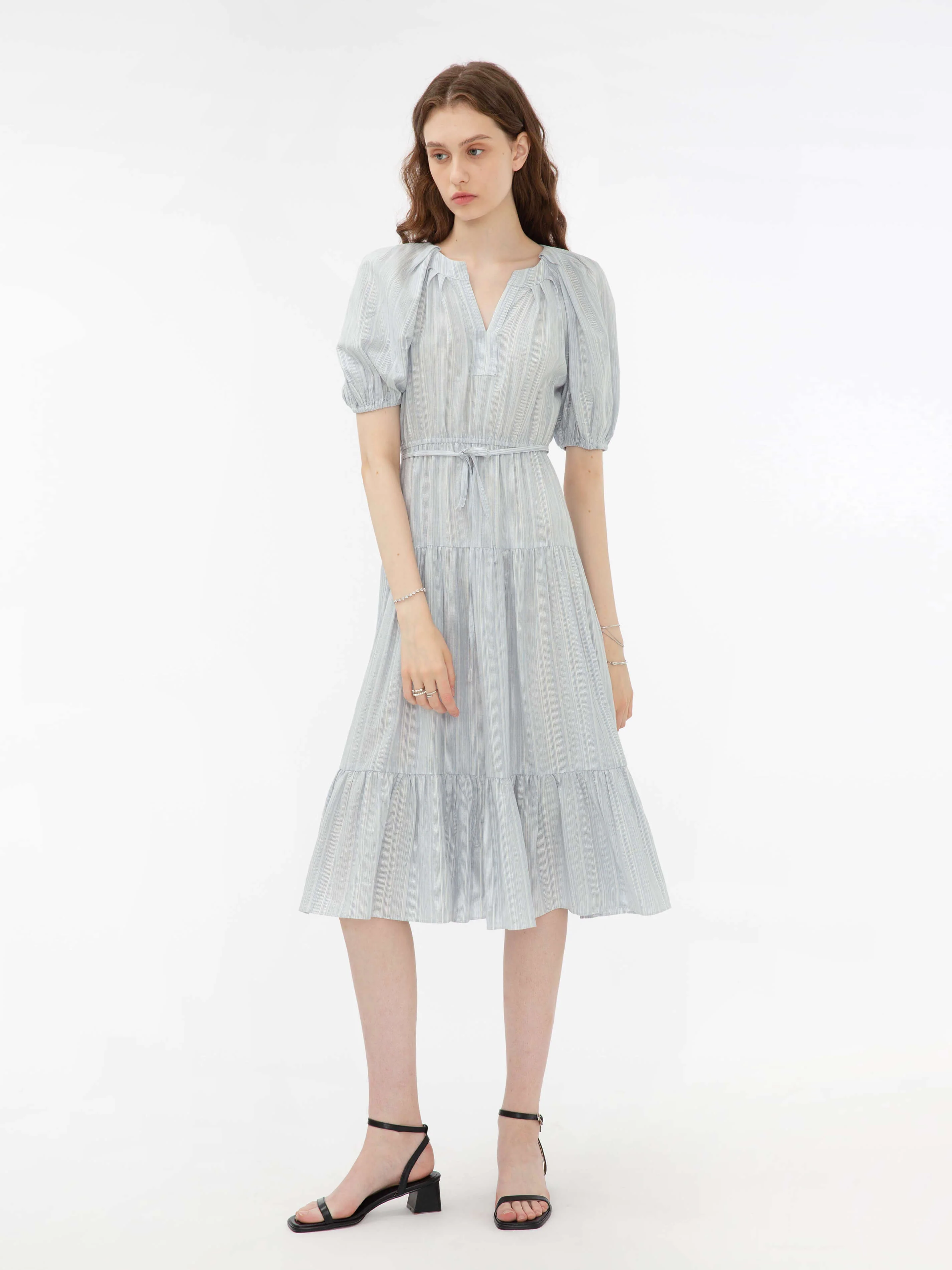 Puff Sleeve V-Neck Tiered Dress - Image 4