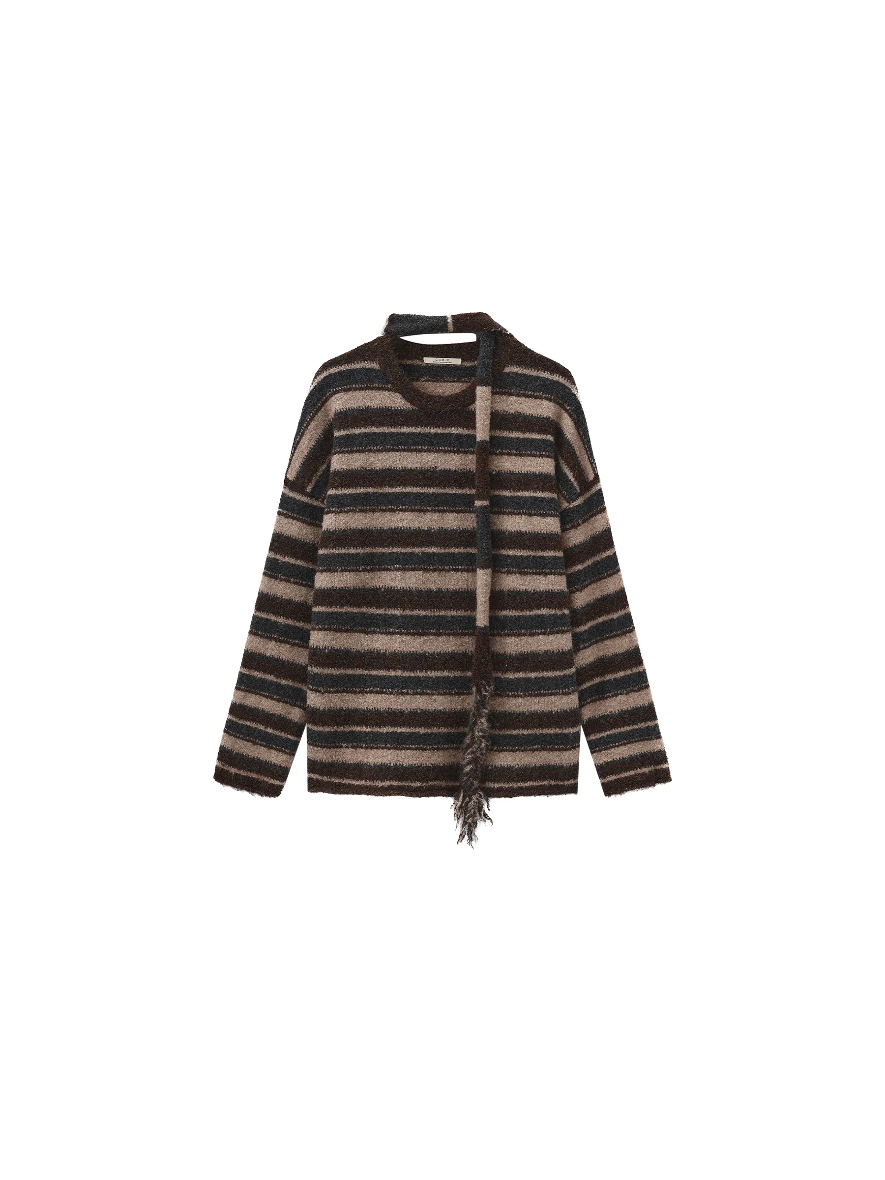 Retro Striped Pullover Sweater with Scarf - Image 13