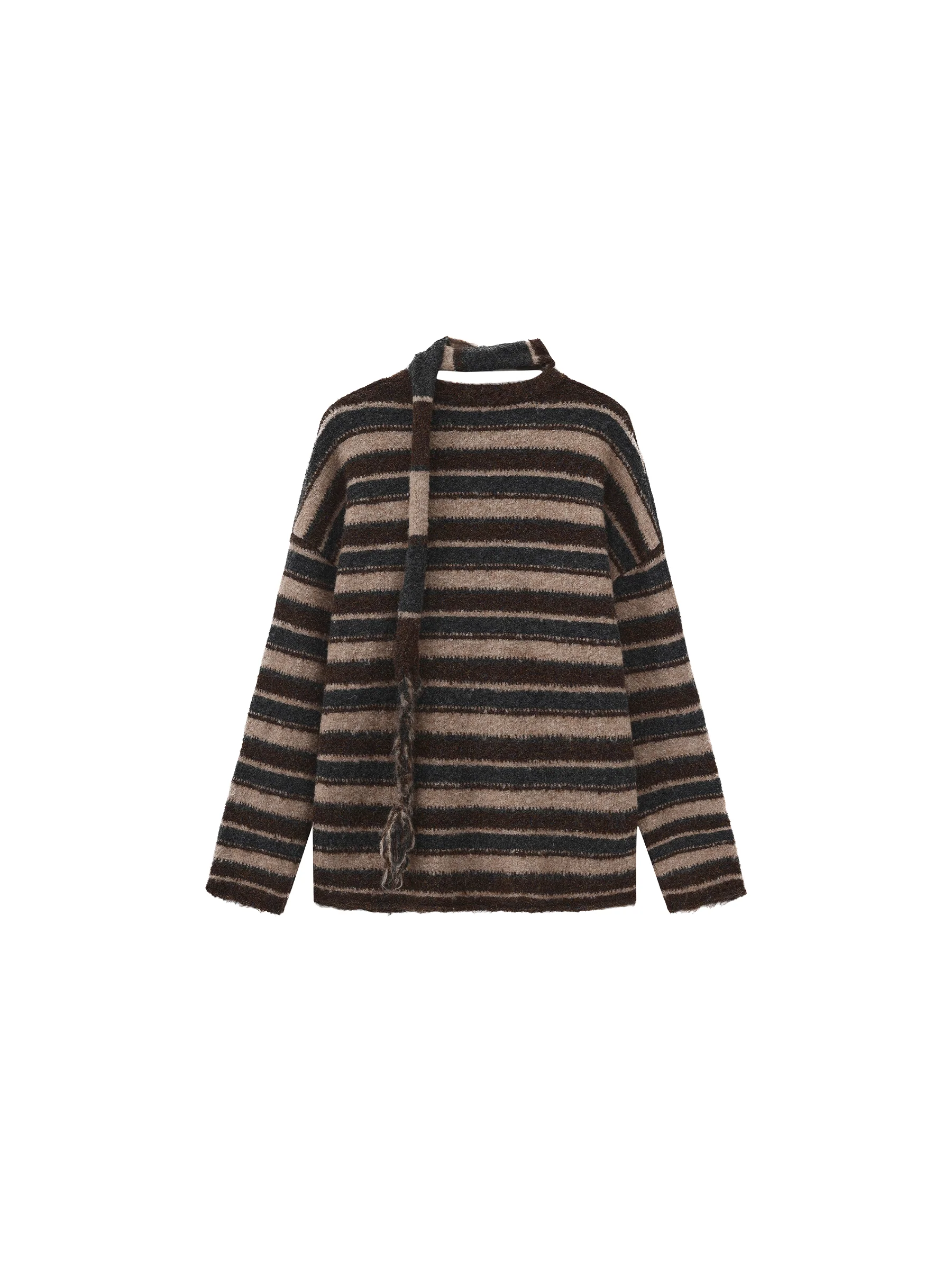 Retro Striped Pullover Sweater with Scarf - Image 14