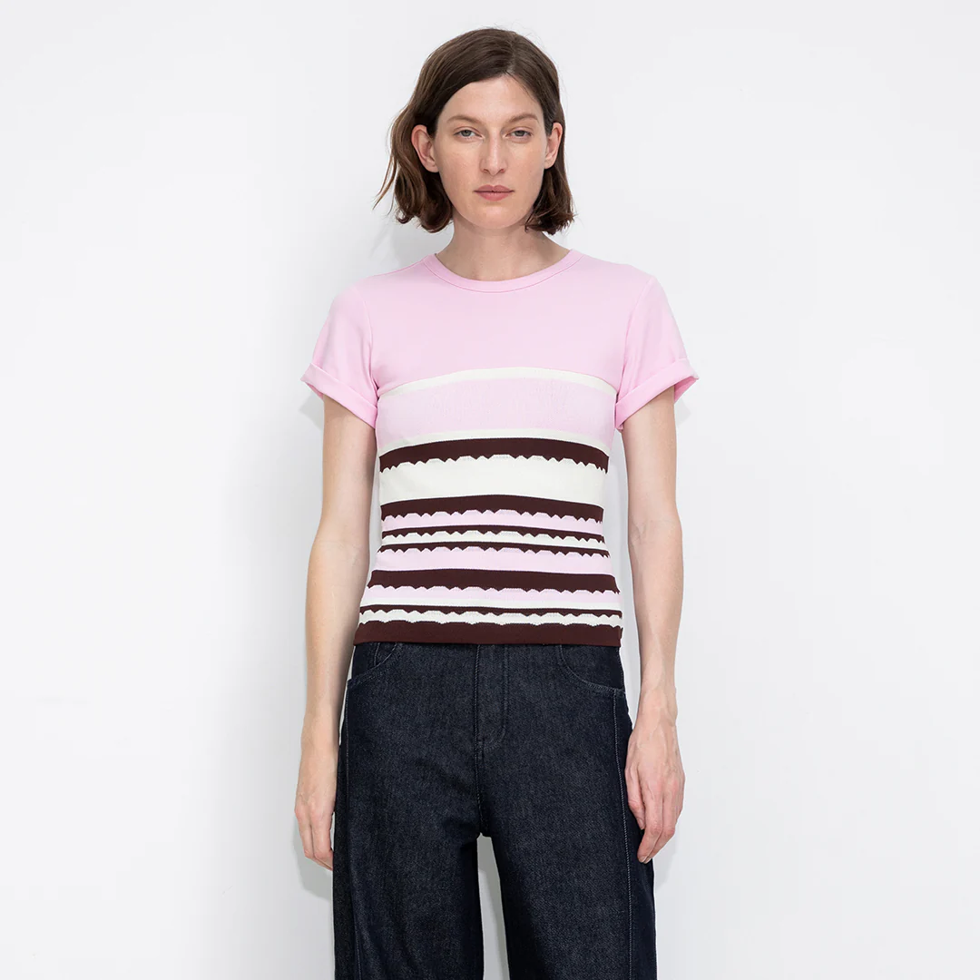 Round Neck Striped Color Block Knitted T-shirt - Image 3