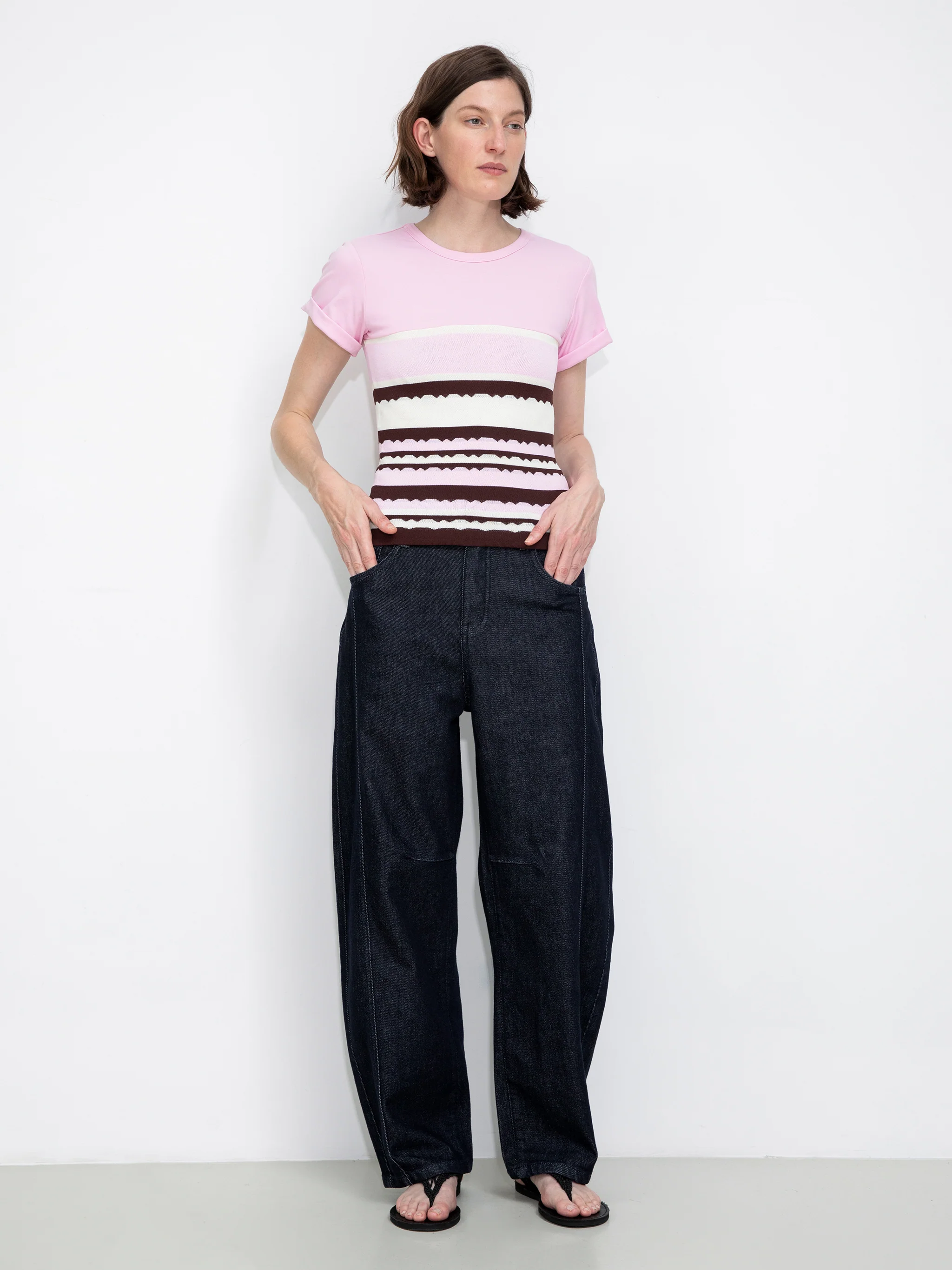 Round Neck Striped Color Block Knitted T-shirt - Image 4