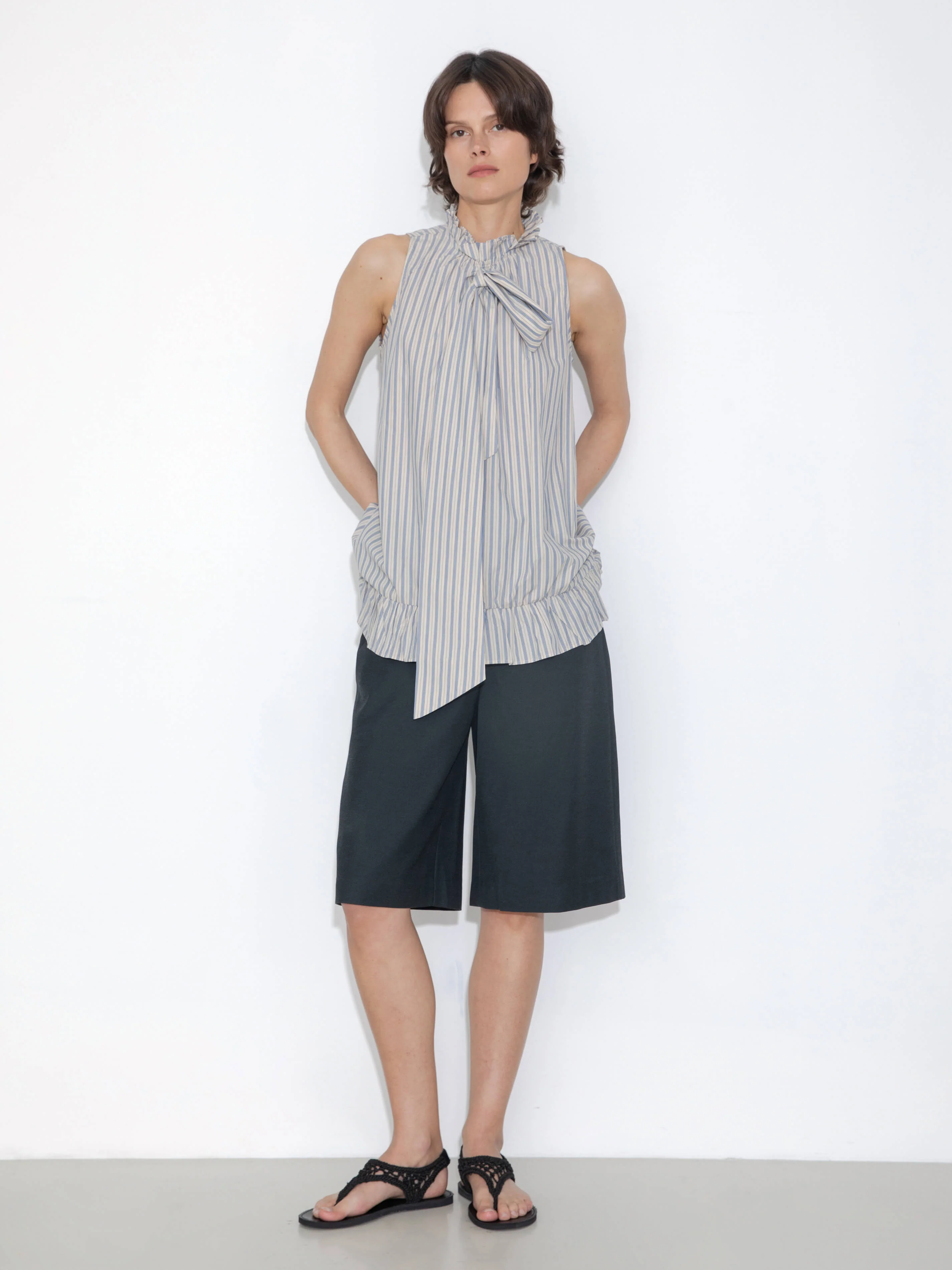 Ruffle Stand Collar Tie A-line Tank Top