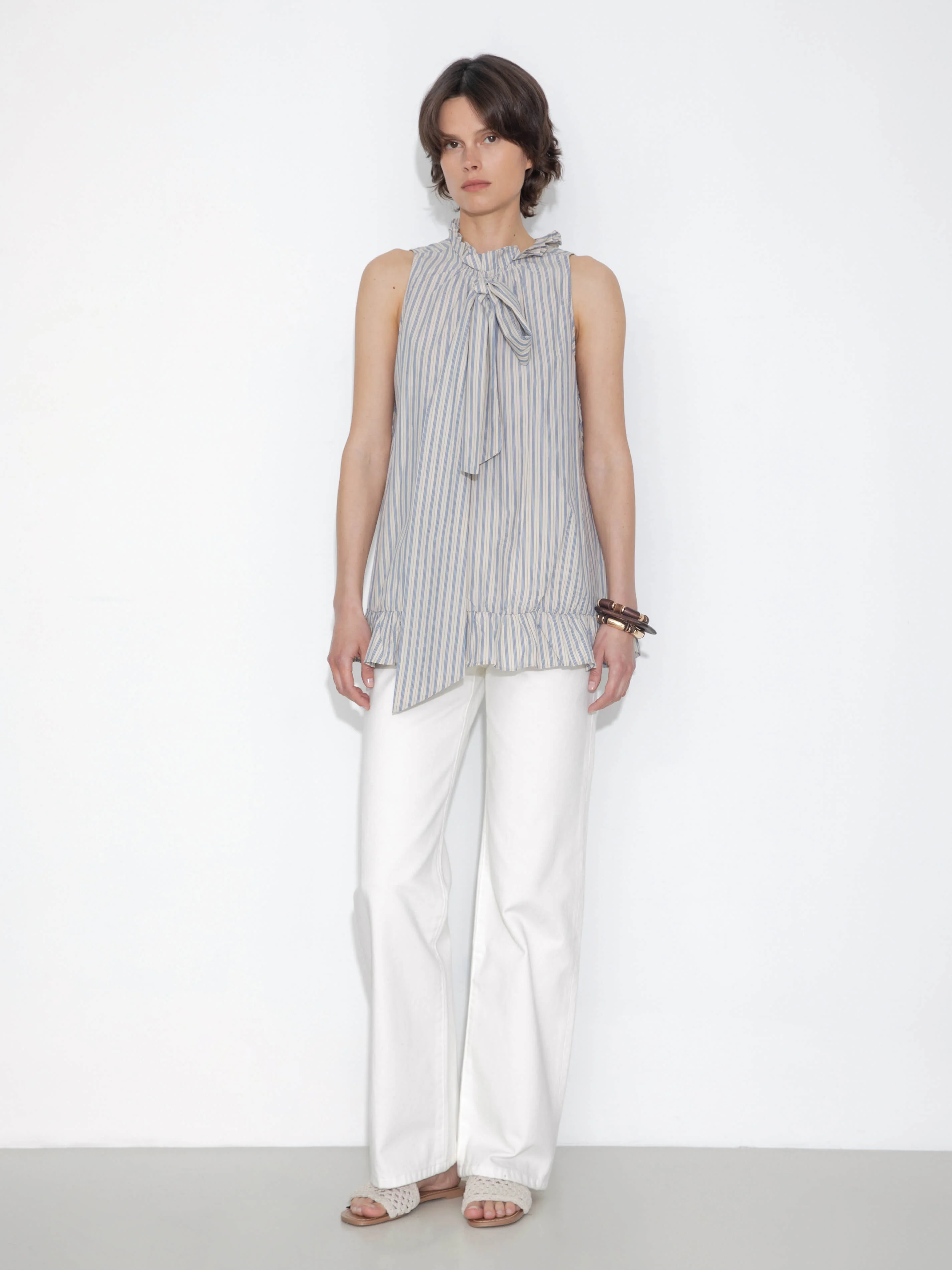 Ruffle Stand Collar Tie A-line Tank Top - Image 4