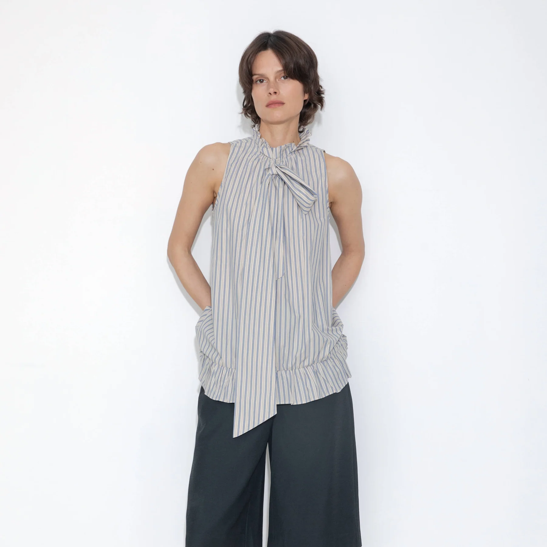 Ruffle Stand Collar Tie A-line Tank Top - Image 7