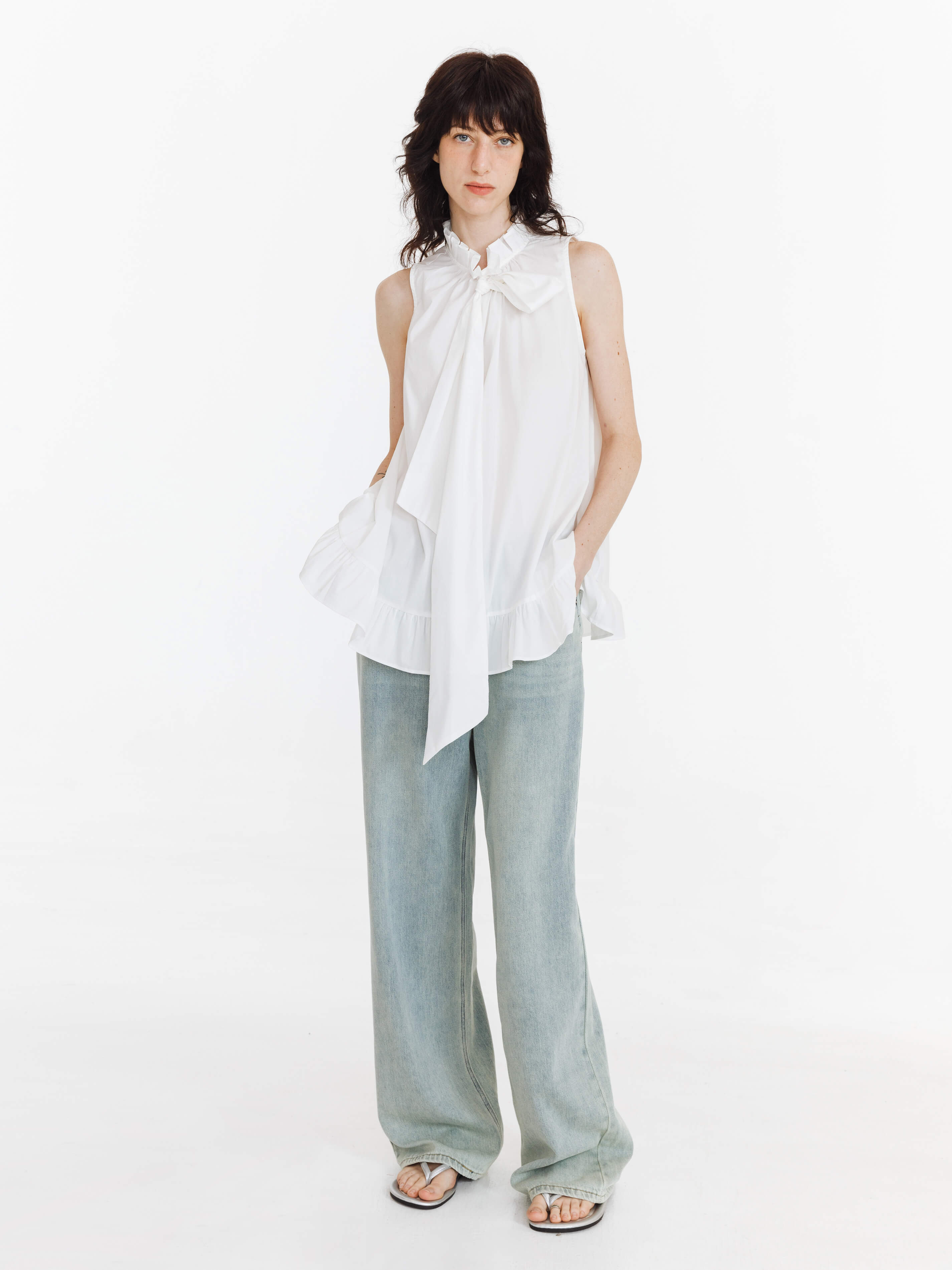 Ruffle Stand Collar Tie A-line Tank Top - Image 8