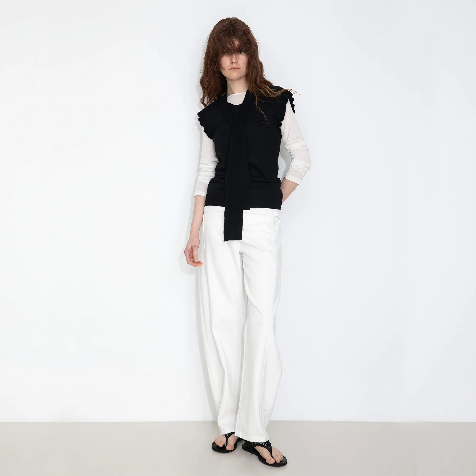 Ruffled Sleeve Sleeveless Knit Top with Attached Scarf - Image 12