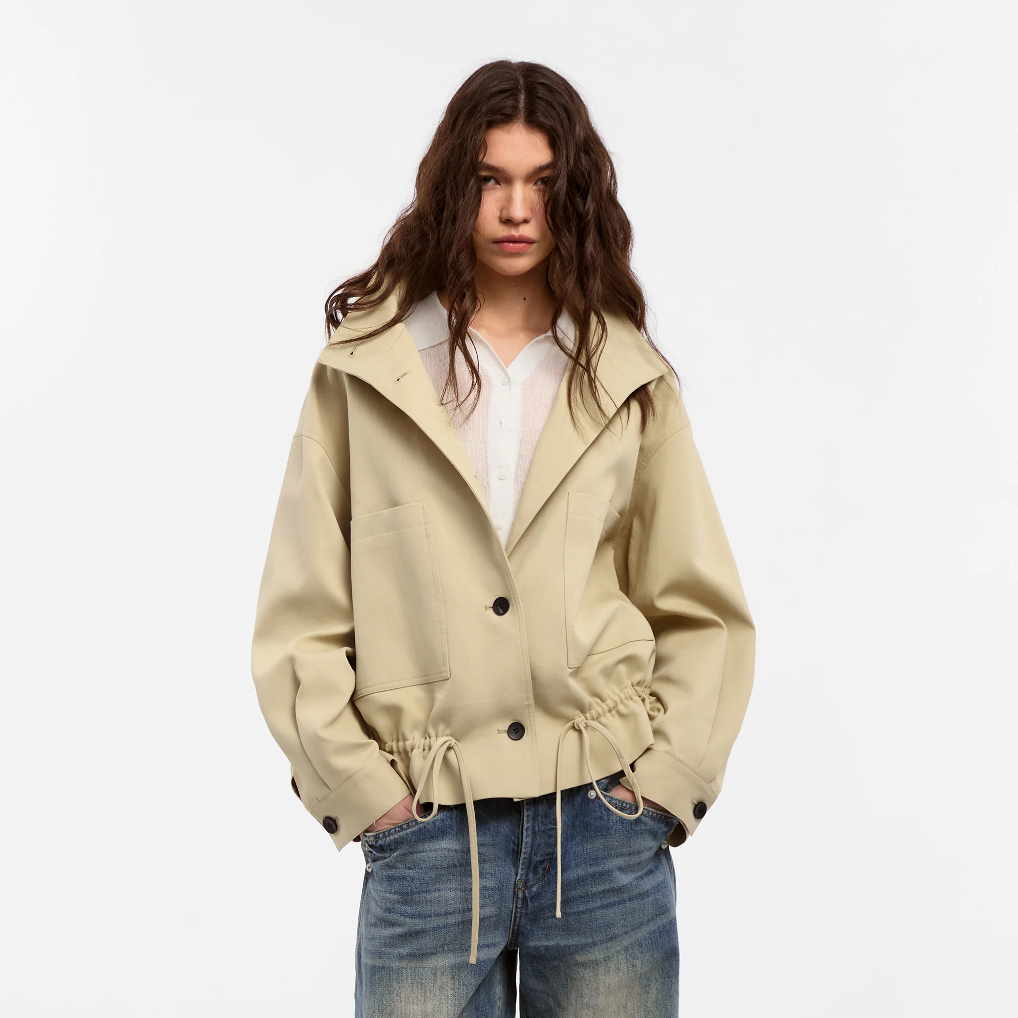 CUBIC Lyocell Drawstring Short Trench Coat - Image 3