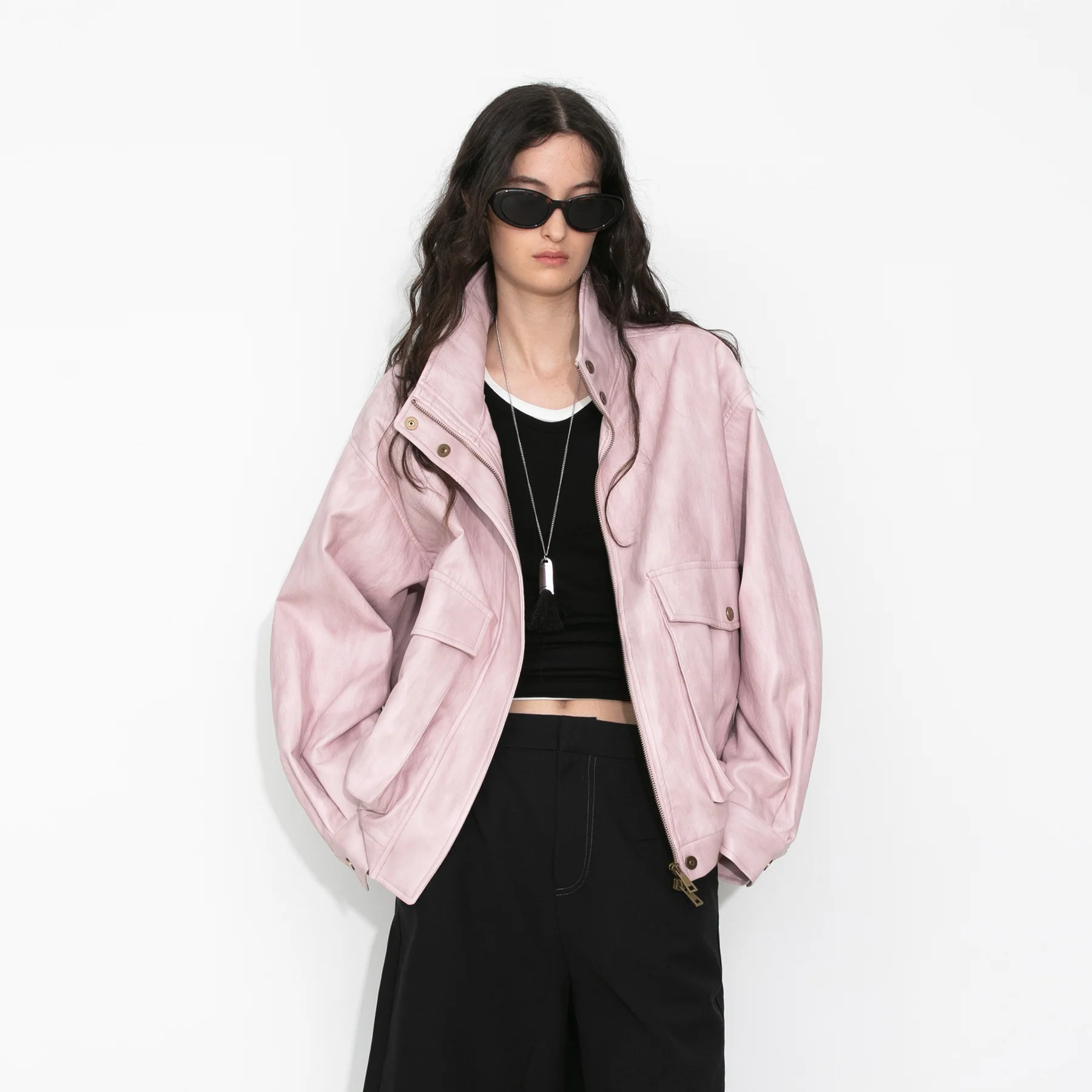 Stand Collar Vintage Faux Leather Jacket - Image 3