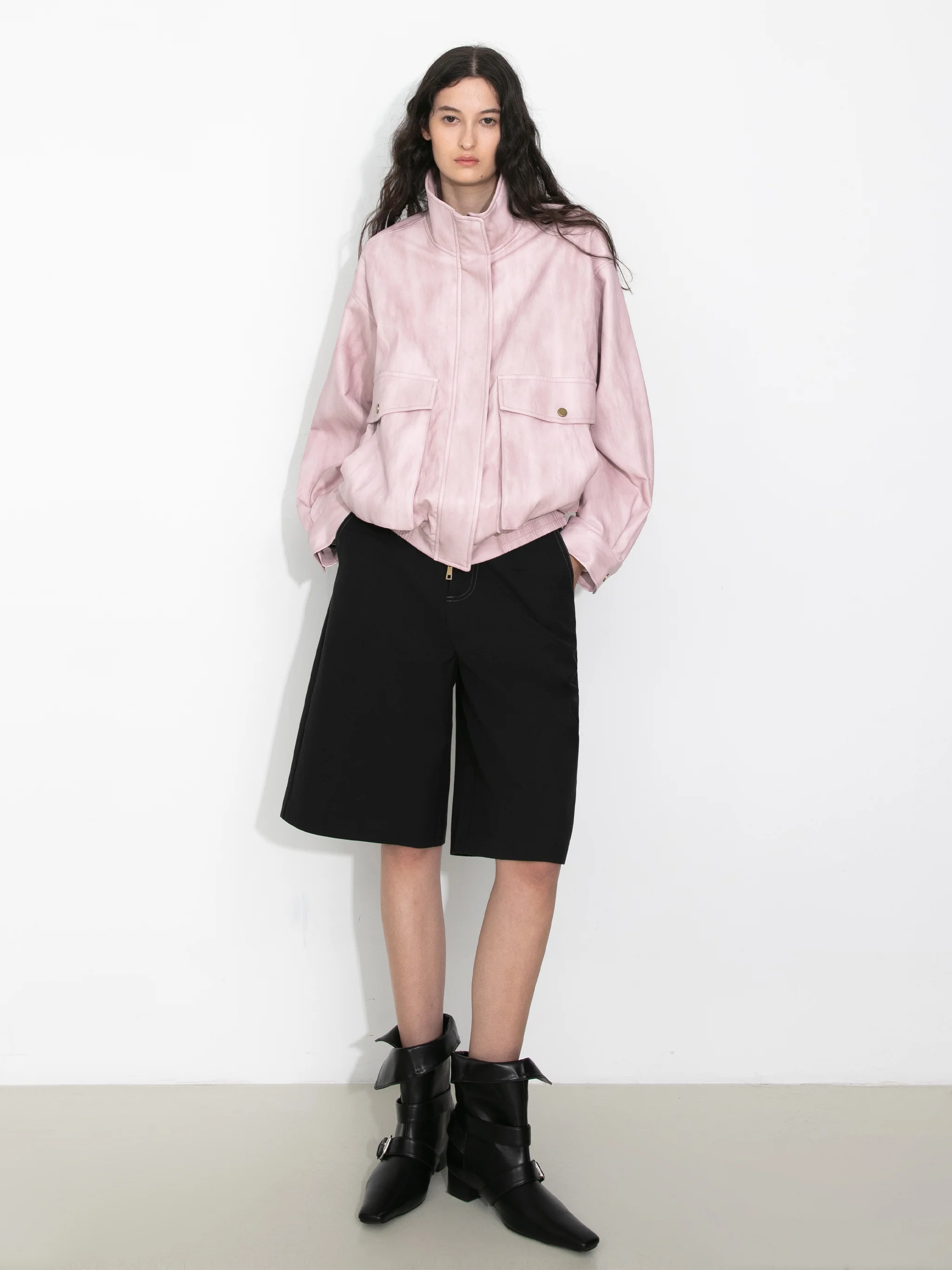 Stand Collar Vintage Faux Leather Jacket - Image 5