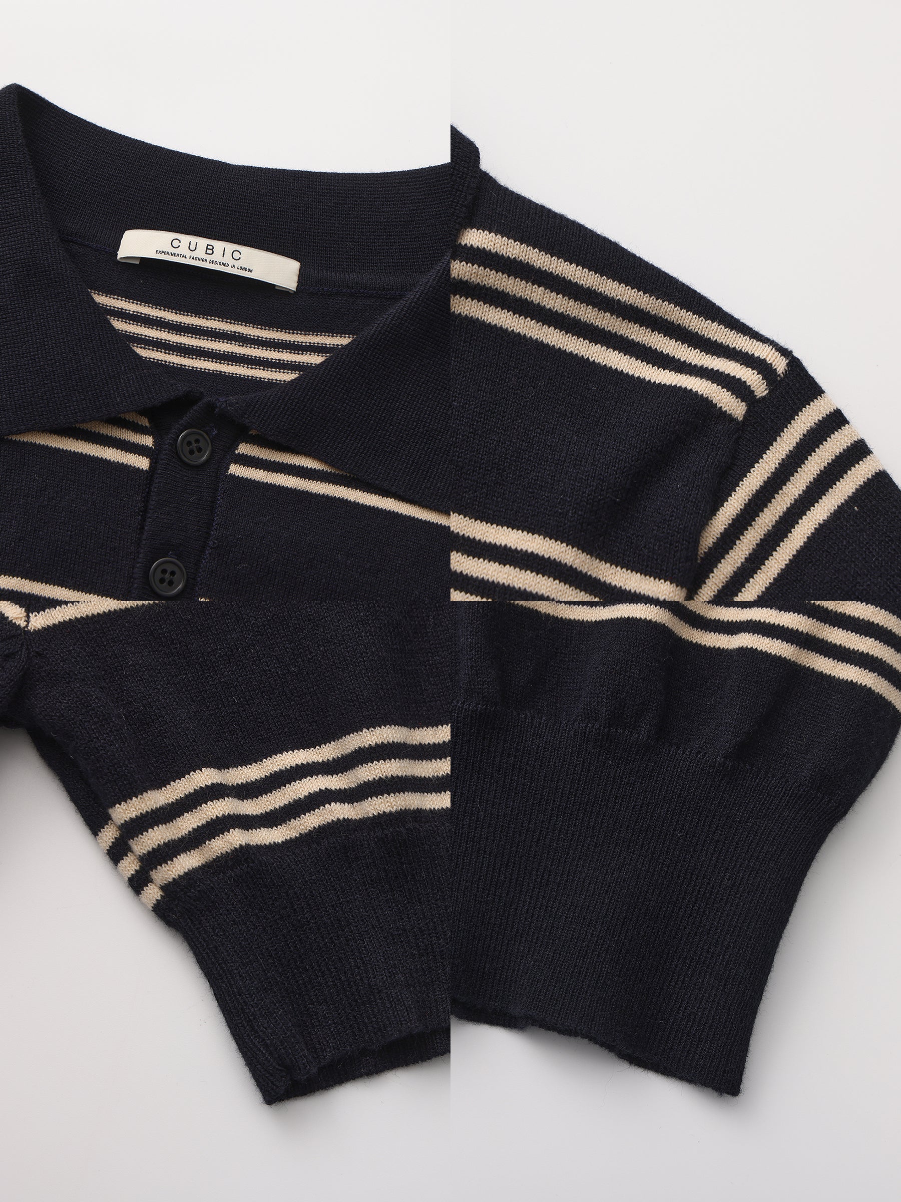CUBIC-Striped Cropped Polo Collar Cotton T-Shirt - Image 27