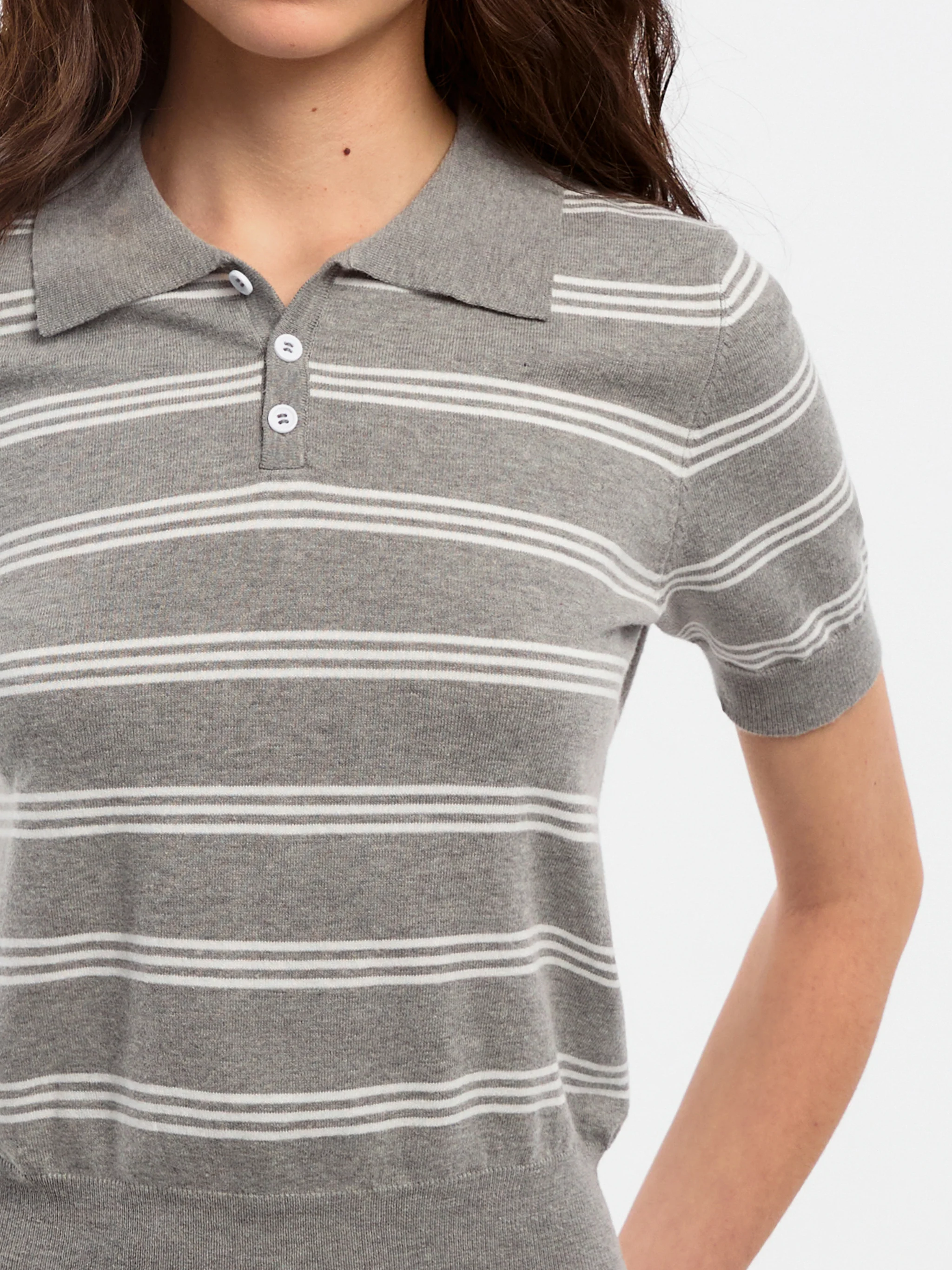 CUBIC-Striped Cropped Polo Collar Cotton T-Shirt - Image 4