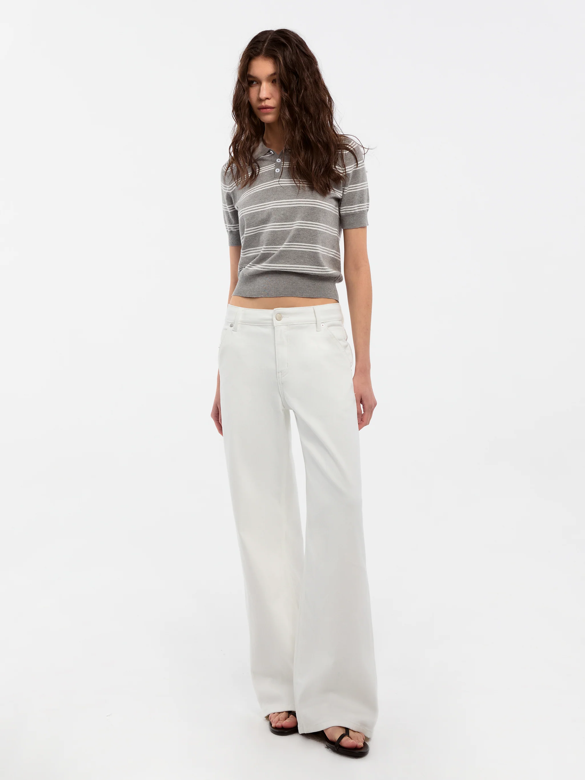 CUBIC-Striped Cropped Polo Collar Cotton T-Shirt - Image 5