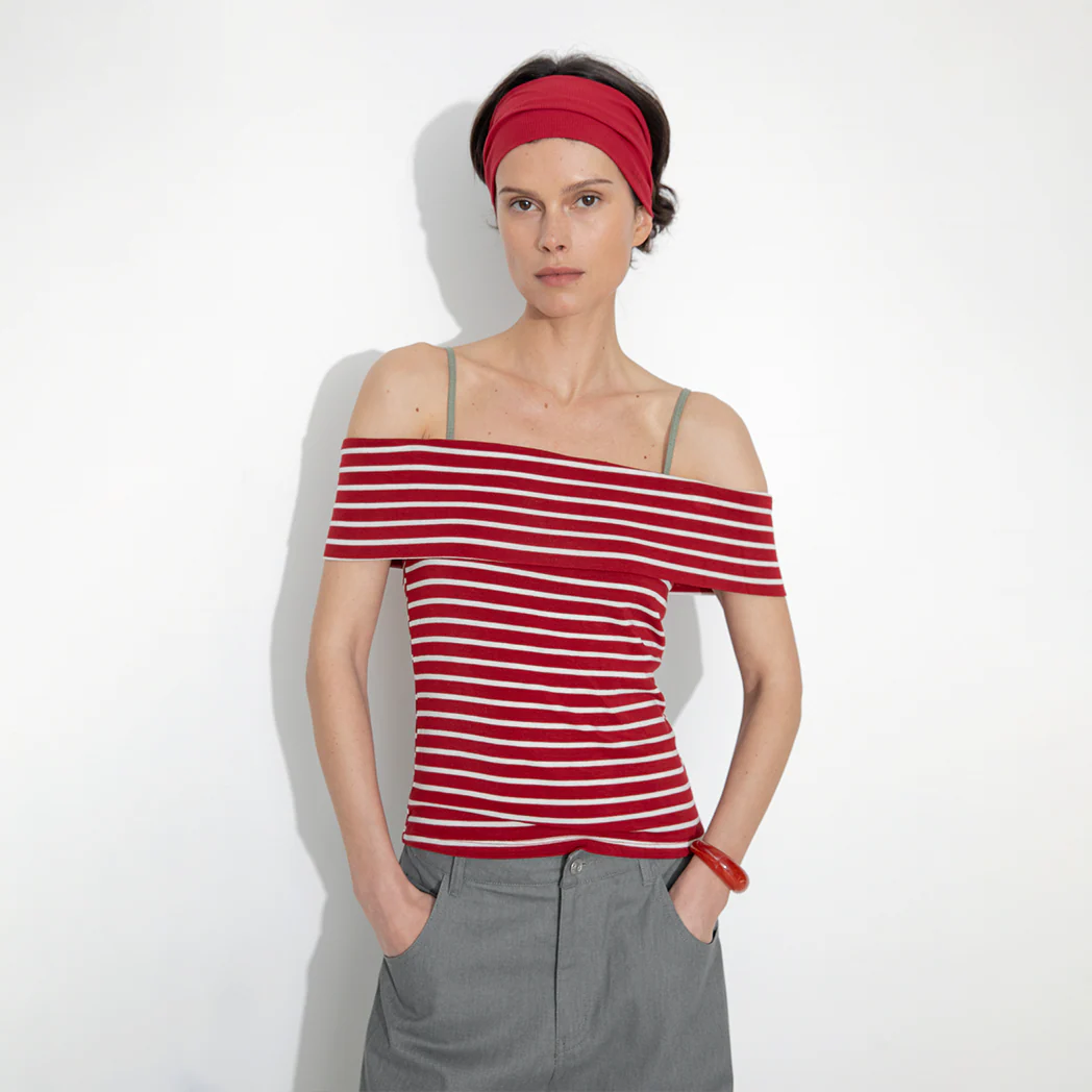 Striped Off-Shoulder Short-Sleeve Top - Image 9