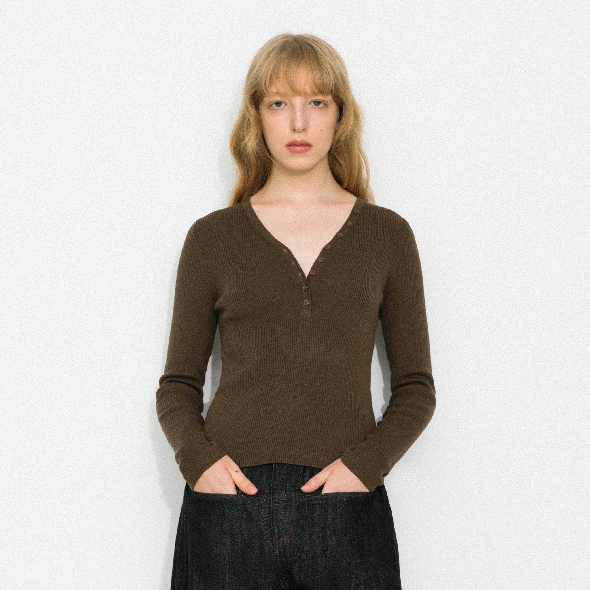 V-Neck Button-Front Fitted Knit Top - Image 3