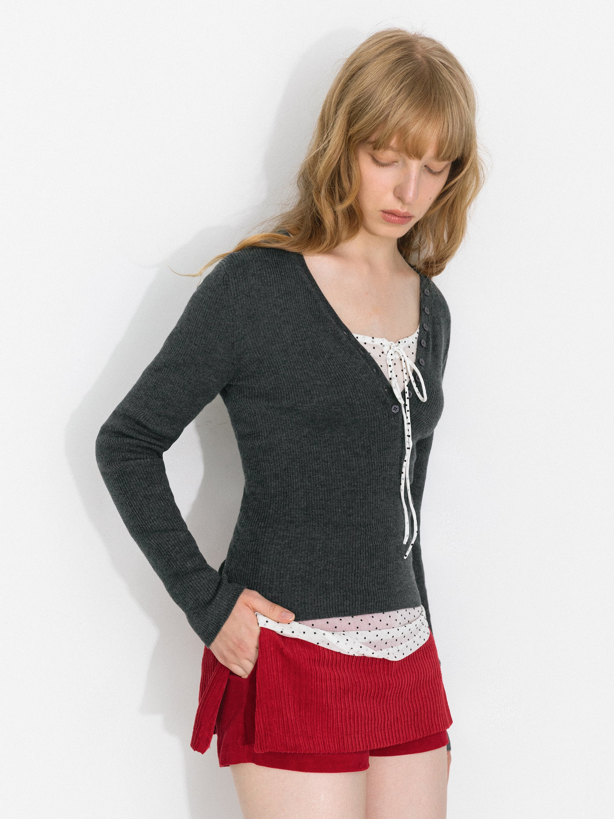 V-Neck Button-Front Fitted Knit Top - Image 7