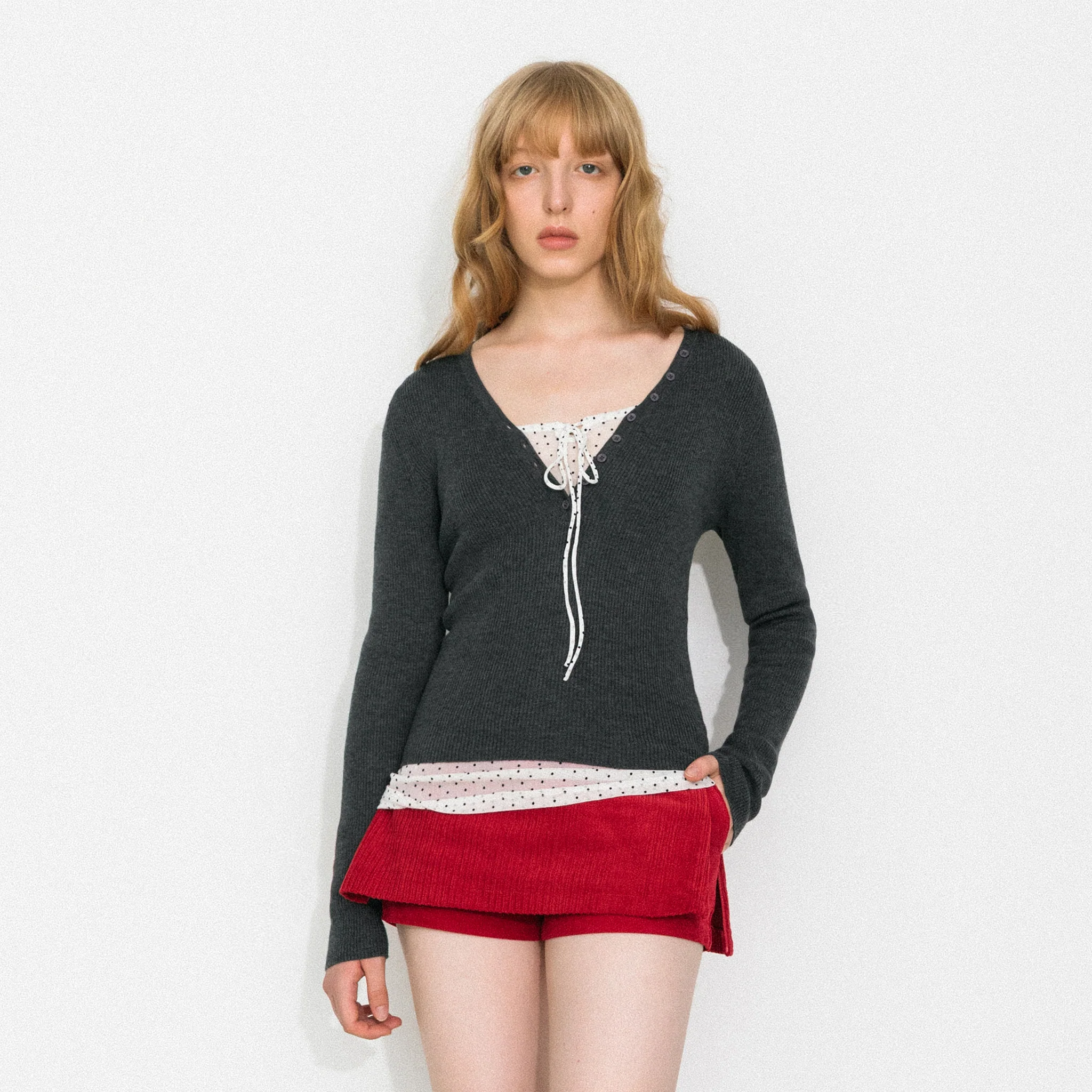 V-Neck Button-Front Fitted Knit Top - Image 9