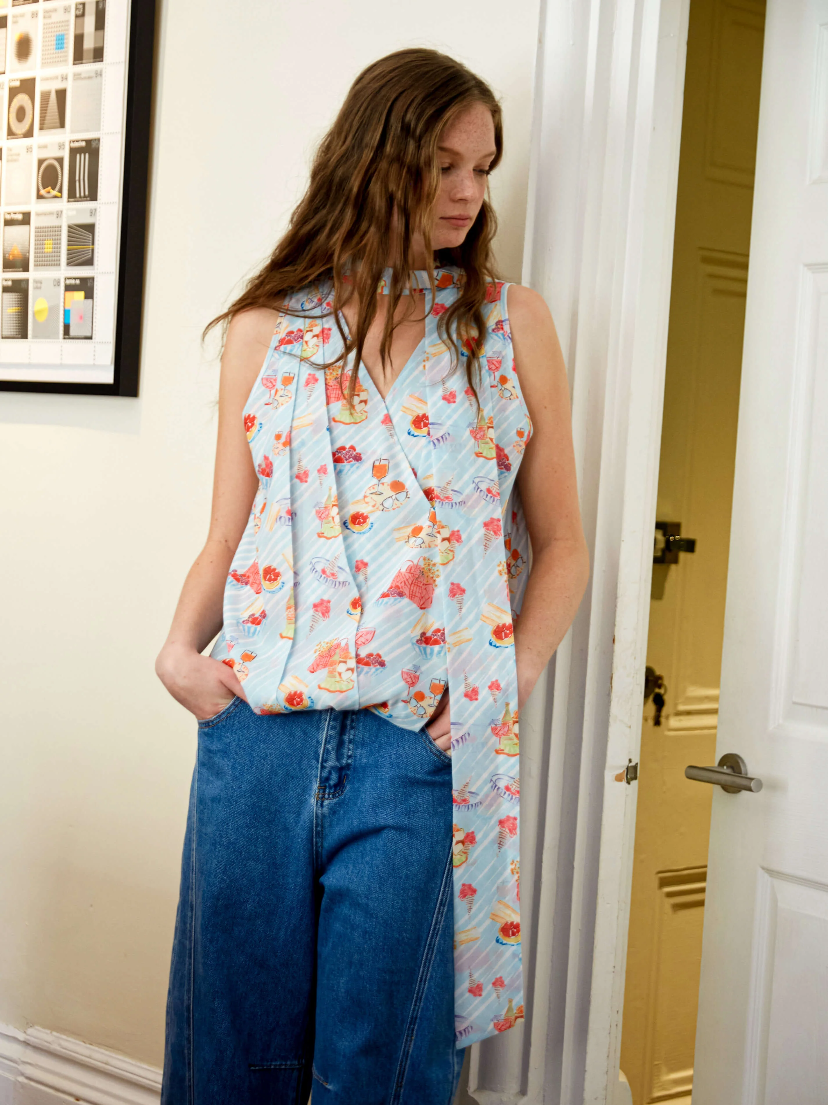 V-Neck Sleeveless Top with Scarf Tie - Image 3