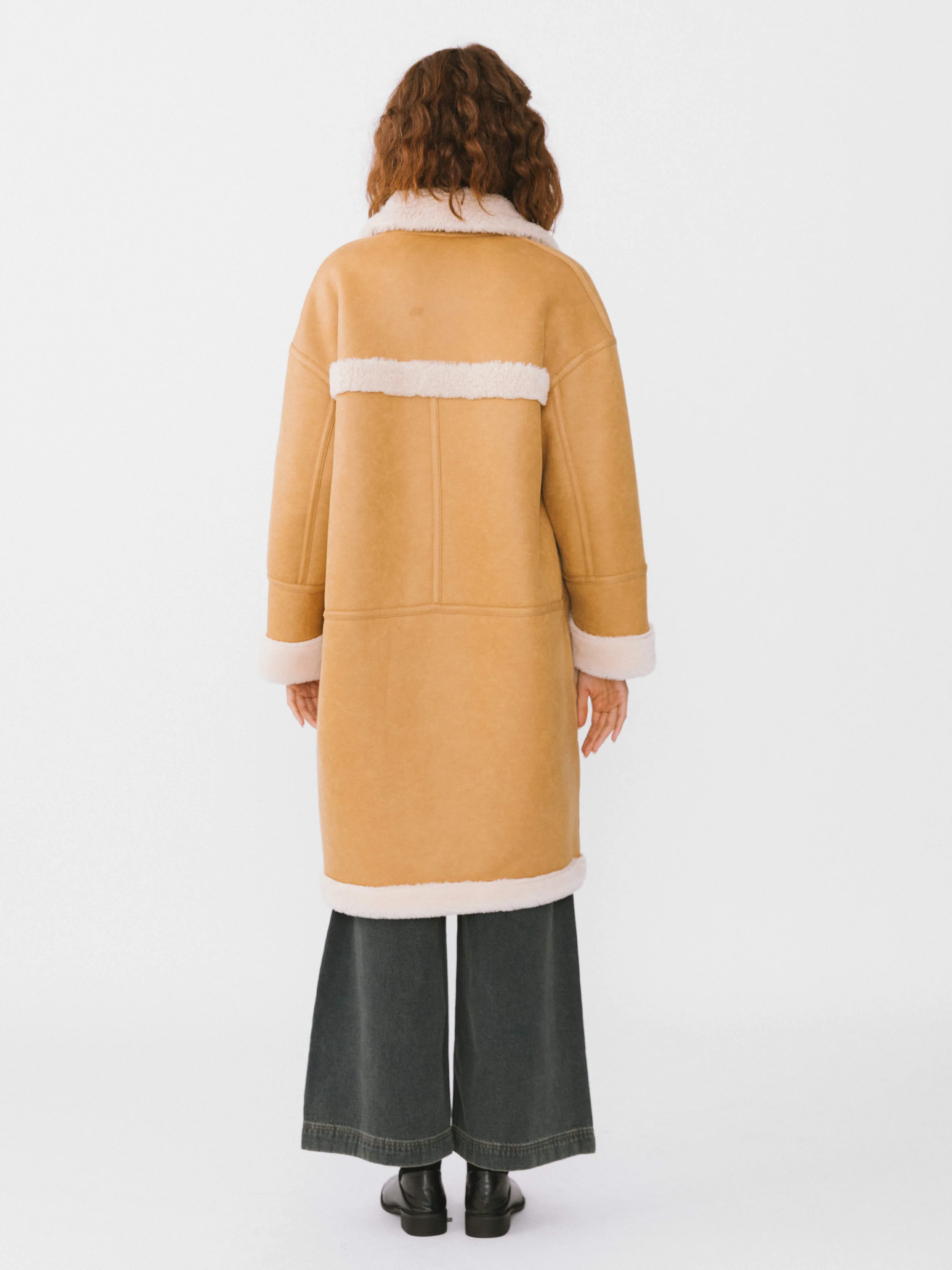 Yellow Faux Leather Sheep Wool Long Coat - Image 7
