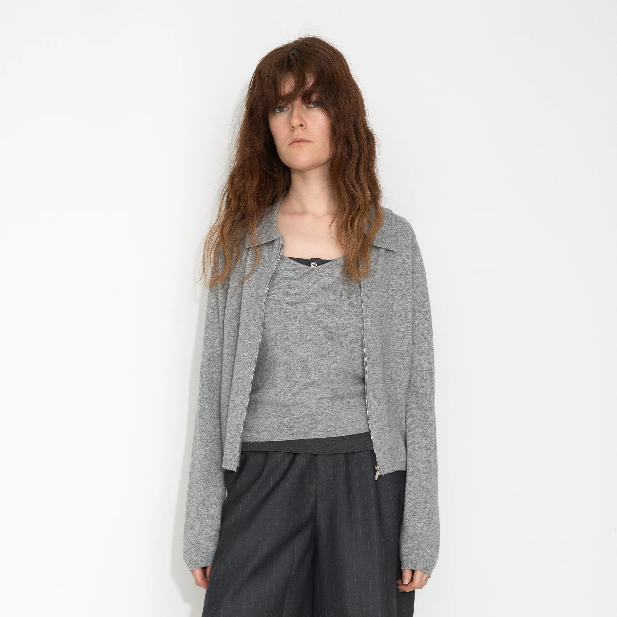Zip-Up Collared Cropped Knit Cardigan & Vest Set - Image 3