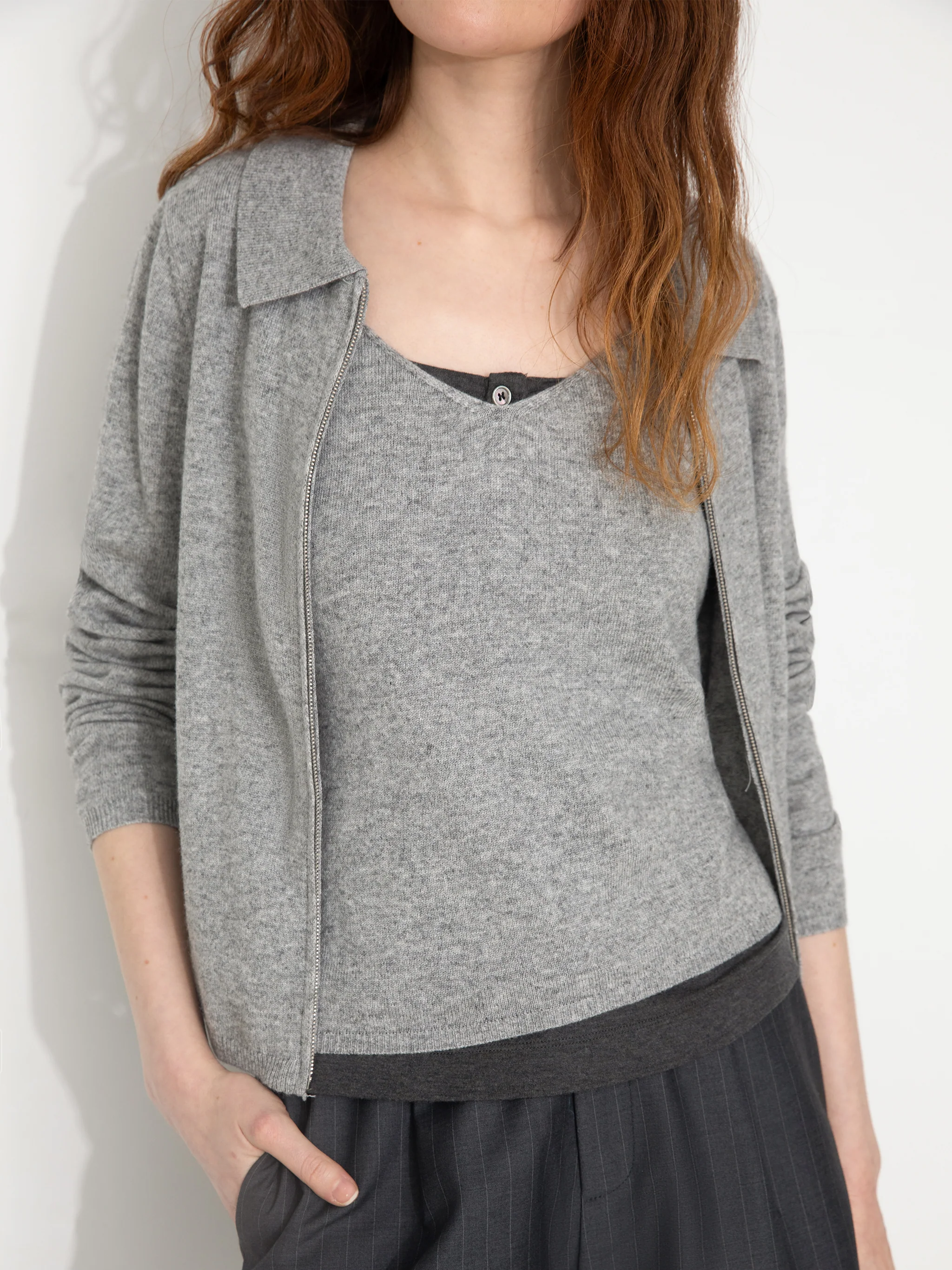 Zip-Up Collared Cropped Knit Cardigan & Vest Set - Image 4
